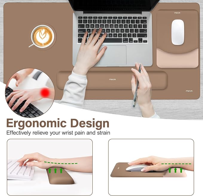MOSISO Keyboard Mouse Pad Set, Large Gaming Mouse Pad&Keyboard Wrist Rest | Rectangular Mousepad with Wrist Rest&Coaster, Ergonomic Non-Slip&Easy Typing Pad with Curved Silicone Lining, Mocha - Image 3