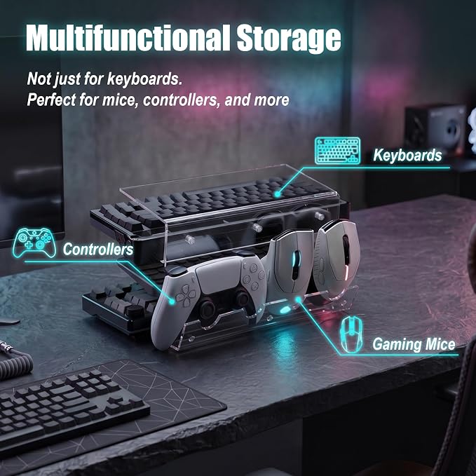 Keyboard Stand & Organizer, 3-Tier Transparent Acrylic Holds 4 Keyboards & 3 Mice, Includes Anti-Slip Pads, Brush & Dust Cloth for Gaming Setup & Home Office, Mechanical Keyboard Display Storage Rack - Image 4
