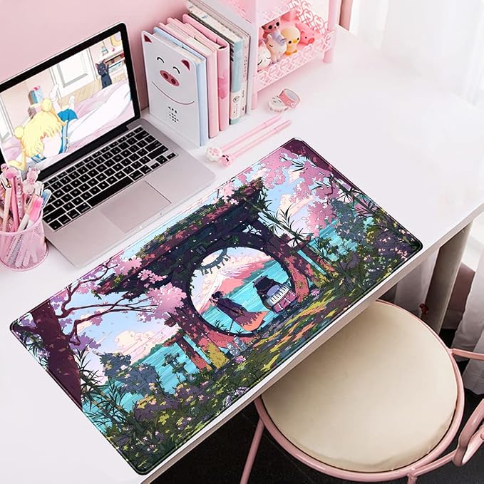 Pink Japan Desk Pad Anime Gaming Green Mouse Pad Large Mouse Pad For Desk Computer Pc Laptop Office Decor For Women, Anime Mouse Keyboard Pad Stitched Edges Non-Slip Rubber Mat Desk Pad (31.5x15.7 In) - Image 5