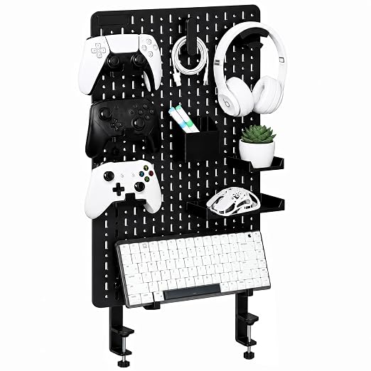 Clamp-On Desk Pegboard Organizer, 14 Accessories, Black | 14 Peg Board Accessories, Controller Holders, Keyboard Stand, Headphones Holder, Cable Storage for gaming setups, home office by Unknown