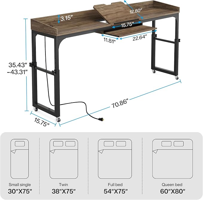 Tribesigns Height Adjustable Overbed Table with Wheels, Queen Size Over Bed Desk with Adjustable Tilt Stand, Mobile Laptop Cart Computer Desk with Outlets & USB Ports (Dark Gray) - Image 2