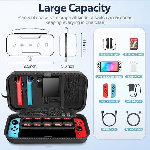 Switch Carrying Case Compatible with Nintendo & OLED, Portable Switch Travel Carry Case Fit for Joy-Con and Adapter, Hard Shell Protective OLED Pouch Bag with 20 Games, Black - Image 3