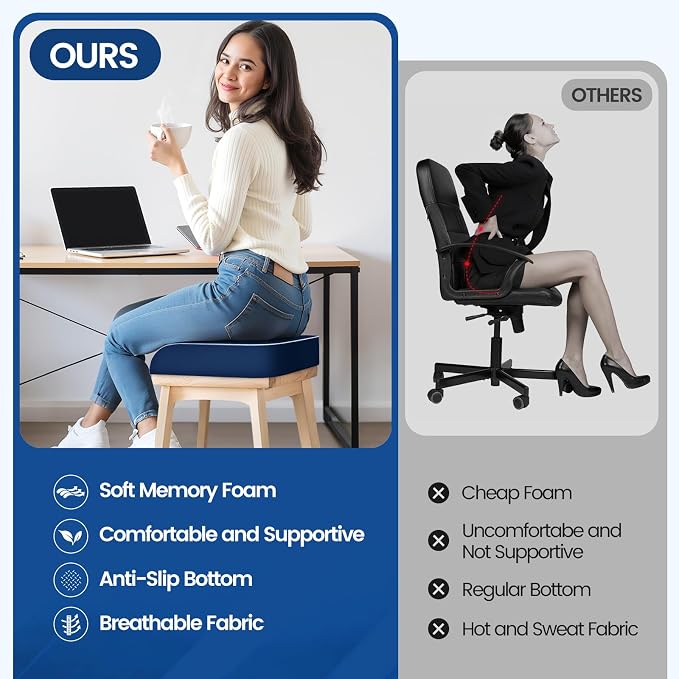 SweetSlubr Seat Cushion, Chair Pad, Memory Foam Tailbone Pain Relief | Office Chair Cushion for Tailbone Pain Relief, Non-Slip Cover, Soft Support for Office Chair, Car Seat,Large/Dark Blue - Image 5