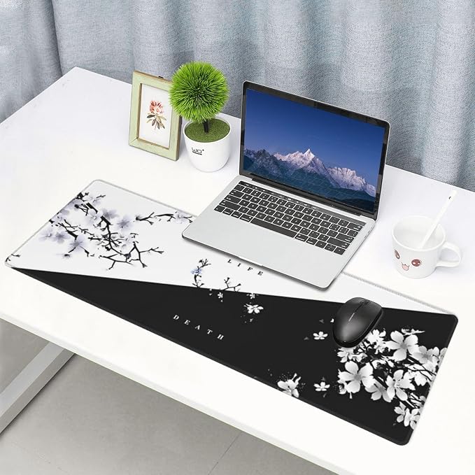 Japanese Life Death Keyboard Mat, Black White Japanese Anime Gaming Mouse Pad for Desk with Anti-Slip Rubber Base and Stitched Edges, Japanese Sakura Pagoda Sun Mouse Pad - Image 6