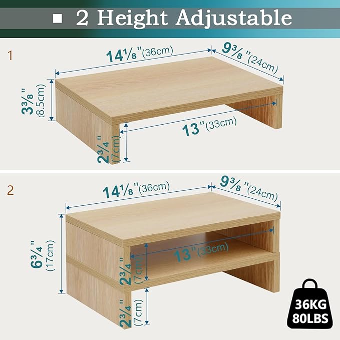 TEAMIX Wood Monitor Stand Riser-2 Packs, Maple | Holds 80Lbs, Stacked/Separate Adjustable Use, 2 Tier Adjustable, Fits laptop, TV, PC. For Home Office, Gaming - Image 5