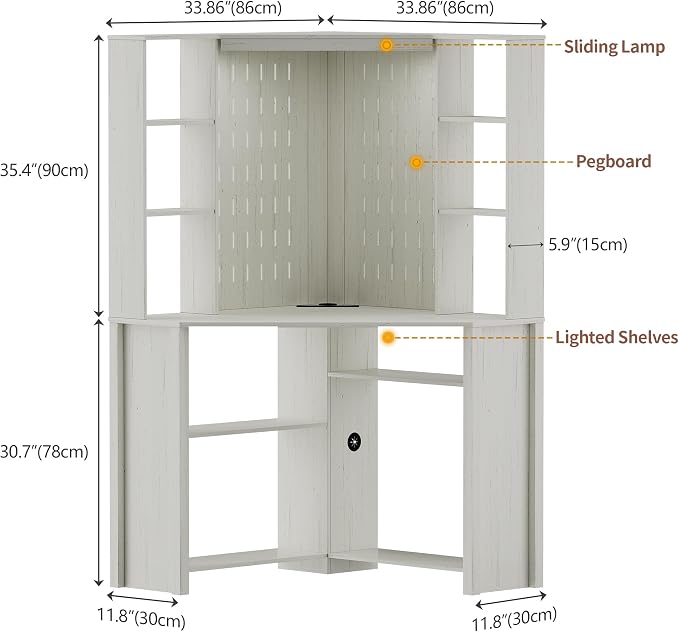 HNEBC Home Office Desk with Power Outlet & Chariging Station,L-Shaped Corner Desk with Pull-Out LED Lights,Computer Desk with Hutch & 10 Shelves,Pegboards for Work & Study,White - Image 2