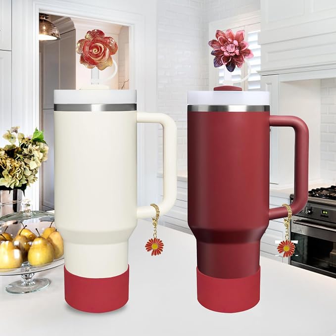 Stanley Cup Accessories Set,Including 2 Pcs 0.4in Straw Cover, 1 Silicone Spill-Proof Stopper Set of 3, 1 Cute Flower Handle Charm, 1 Silicone Boot Fits Stanley 40&30 Oz Tumbler (Cranberry) - Image 6