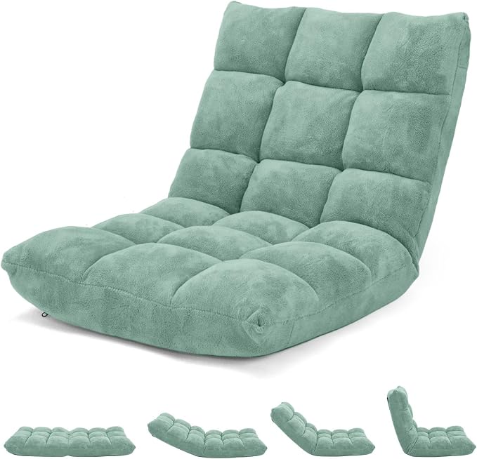 Folding Floor Chair with Back Support, Floor Seat, Lazy Sofa Chair | 14 Adjustable Position, Soft Coral Fleece, Thick Foam, Steel Frame Gaming Chair for Adults, Meditation, Living Room (Green) by BUYNOW