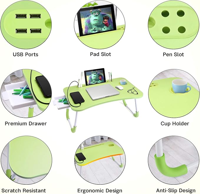 Slendor Bed Desk for Laptop and Writing with Storage, Cup Holder, Light - Image 5