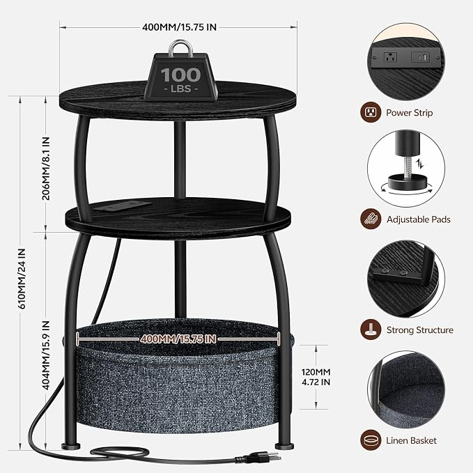Round Side Table with Charging Station, USB Type C Port, Black - Image 9