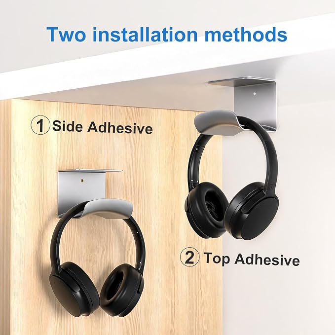 Headphone Holder, Aluminum Headset Hanger with Adhesive Mount | Space Saving Headphone Stand for Gaming Desk, Computer, Office Setup, Silver - Image 2