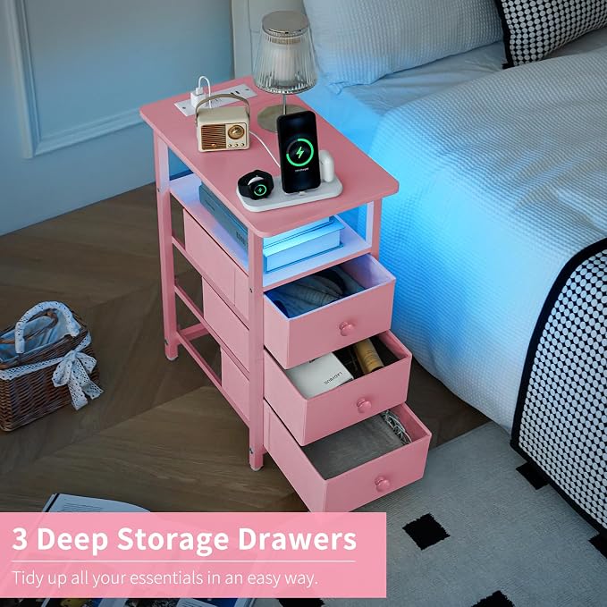 Yoobure End Table with Charging Station, Pink Narrow Nightstand LED Bedside Table, Small Night Stand End Tables Living Room, Skinny Nightstand with 3 Fabric Drawers, Side Table for Small Spaces - Image 6