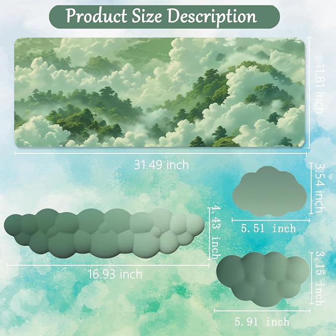 Green Cloud Mouse Pad and Keyboard Wrist Rest 4PCS Extended Forest Mountain Aesthetic Large Desk Mat Pad Set Memory Foam Non-Slip Cute Ergonomic Gaming Mouse Pad Wrist Support for Computer Home Office - Image 6