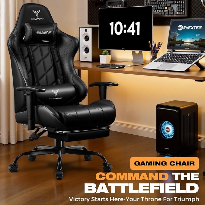 Gaming Chair with Footrest, Ergonomic High-Back PU Leather Computer Chair with 3D Adjustable Armrests, Headrest and Lumbar Support, Office Desk Chair with Diamond Stitching for Adults & Teen - Image 3