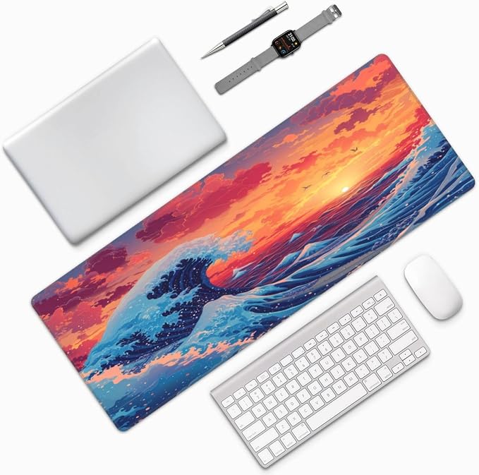 Gaming Mouse Pad Desk Pad,Extended Big Mouse Pad,31.5x11.8 Inch Long Computer Keyboard Mouse Mat Mousepad with 3mm Non-Slip Base and Stitched Edge for Gaming and Office… (Sunset Wave) - Image 9