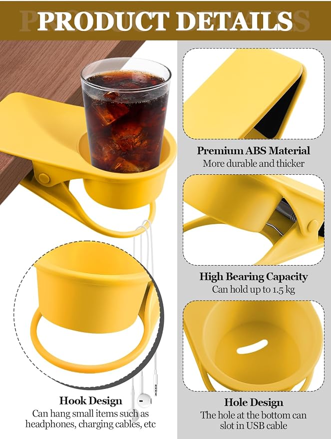 2PCS Clip on Cup Holder for Chair, Kalolary Desk Drink Holder Clamp, Yellow - Image 3