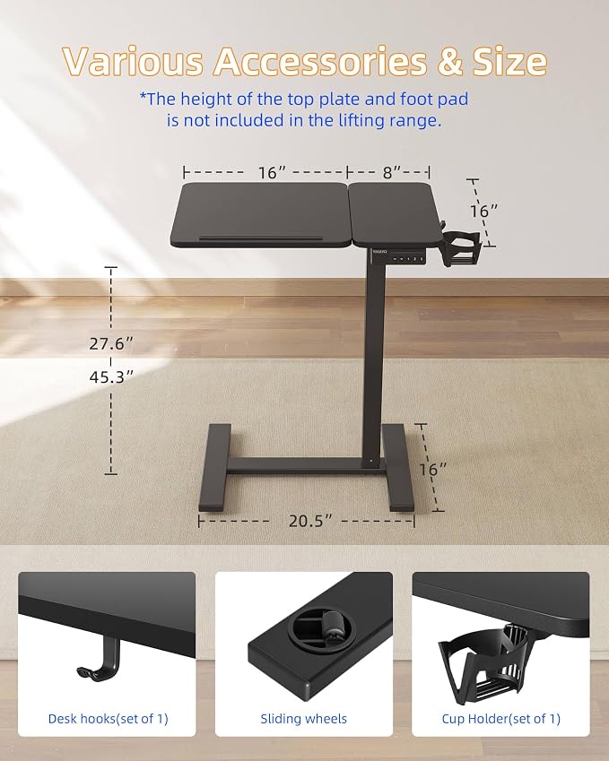 YIHAYO 24 x 16 Inches Electric Adjustable Overbed Bedside Table, Black - Image 7