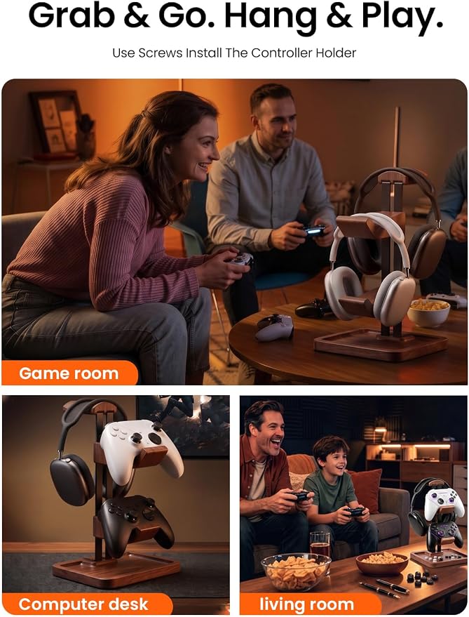 LOXP Walnut Headphone and Controller Stand, 2-in-1 Holder with Storage | Solid Wood Gaming Headphone Stand, Built-in Storage, Non-Slip, Fits Xbox PS5 Switch Controllers, Desktop Organizer for Gamers - Image 6
