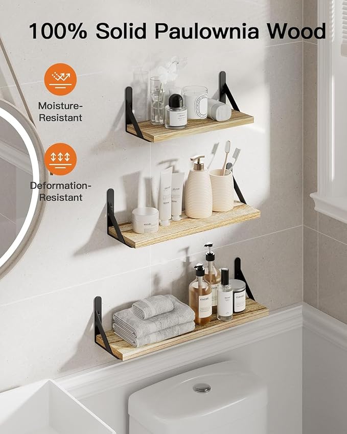 Amada Solid Paulownia Wood Wall Shelves, Medium Size, 6 Pcs, Natural Wood - Image 4