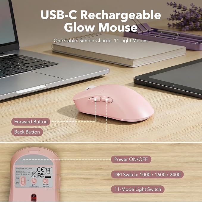Rechargeable Backlit Wireless Keyboard and Mouse Combo, Retro Typewriter Keyboard with Magnetic Wrist Rest, Light Up Letters, 2.4GHz Cordless Connection for Mac, Windows PC, Laptop (Glowing Pink) - Image 6