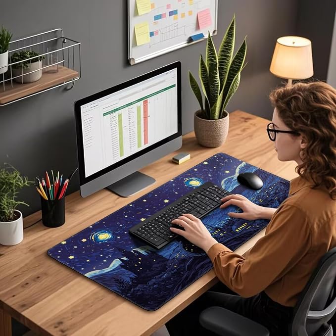 Starry Night Cat Large Gaming Mouse Pad Desk Mat 31.5"x15.7" | Extended Mousepad, Non-Slip Rubber Base , Stitched Edges, for Computer/Laptop/Office/Home - Image 3