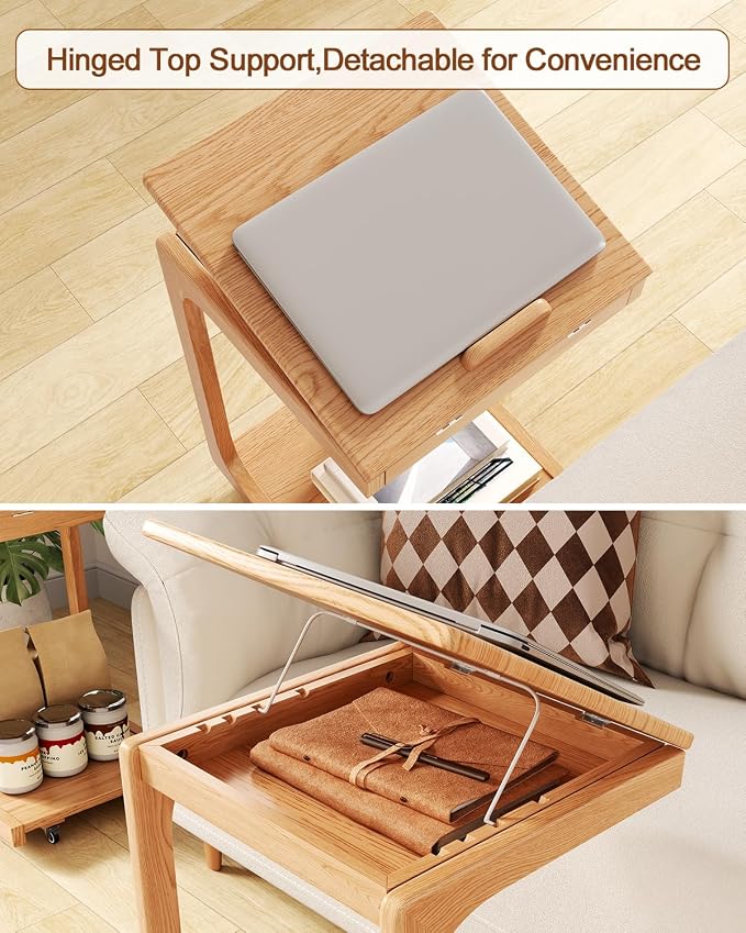 AQIMUELE Wooden C-Shaped End Table,Couch Table with Adjustable Desktop,Small Rolling Side Table with 2 Lockable Wheels,Small End Table for Couch, Living Room,Bedroom (Natural) - Image 9