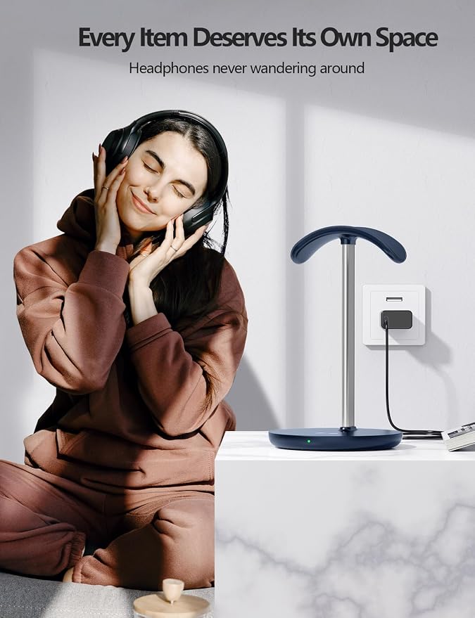 Miroddi Headphone Stand with Wireless Charger, Independent USB Charging Port, 5 in 1 Charging Station Headset Holder Rack for iWatch, iPhone, Samsung and Desk All Headphones, Dark Blue - Image 6