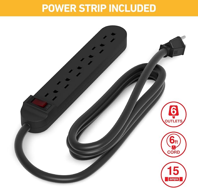 D-Line Cable Management Box with 6 AC Outlet 6ft Power Strip, Hide Extension Cords and Excess Wire Clutter, 16.5in (L) x 4.5in (H) x 5in (W) - Large, Black - Image 2