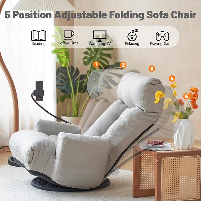 360° Swivel Gaming Floor Chair, 5 Position Adjustable Folding Sofa Chair with Armrests & Phone Holder, Cushion Padded Indoor Chaise Lounge for Adults, Home Office Floor Leisure Chairs, Grey - Image 4