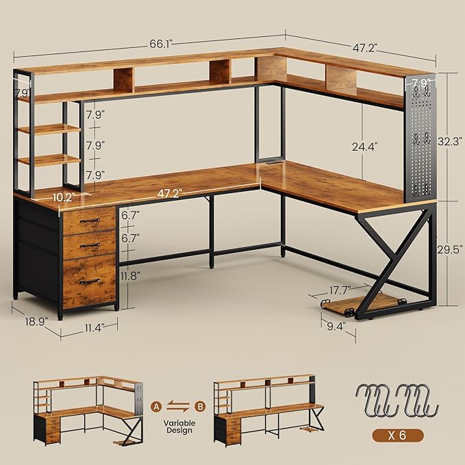 SEDETA L Shaped Computer Desk with Hutch, 3 Drawers, Shelves | Convertible 94.5" Home Office Desk with File Drawer, Power Outlet, LED Lights, Storage and Pegboard, Brown - Image 2