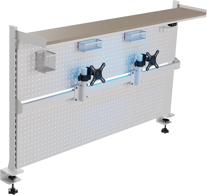 EUREKA ERGONOMIC Desk Pegboard Dual Monitor Stand 59x34 White | Large steel pegboard with dual monitor stands, LED lighting, privacy panel and modular accessories for gaming desks by EUREKAERGONOMIC
