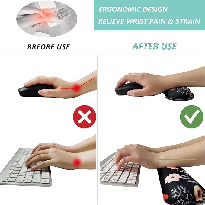 Keyboard Wrist Rest Mouse Wrist Support Set, Memory Foam Wrist Rest Pad for Computer Laptop Keyboard Mouse, Ergonomic Wrist Cushion Support for Typing Pain Relief, Gaming Home Office, Flower Black - Image 2