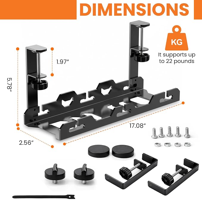 17'' Super Sturdy Cable Tray Under Desk Cord Organizer Standing Desk Cable Management System Large Power Strip Holder Cord Basket With Clamp for Wire Management Rack Office, Home, No Drill & Damage - Image 2