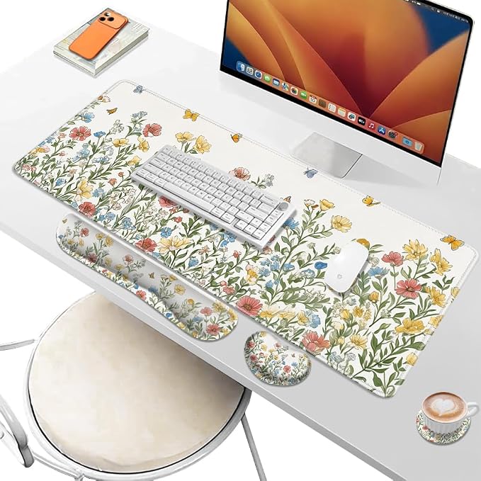Desk Pad and Keyboard Wrist Rest, Large Mouse Pad + Keyboard Pad+Mouse Wrist Support, Non-Slip Desk Mat Protector for Office, Home 31.5×11.8 Inches Spring Floral - Image 6