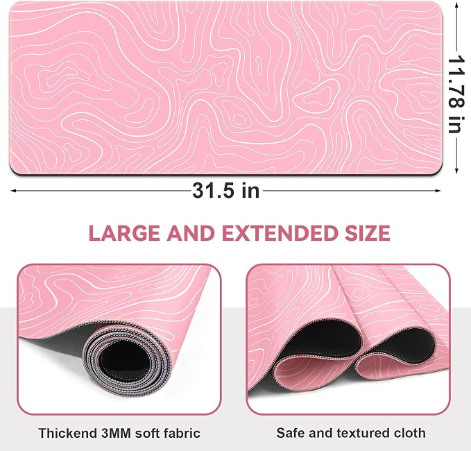DIGSOM Gaming Mouse Pad, Pink with White Topographic Line, 31.5x11.8in | XL Mouse mat, Smooth surface, Anti-slip rubber base, For keyboard and mouse, For home and office use - Image 2