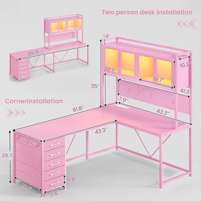 SEDETA L Shaped Gaming Corner Desk with Drawers, Hutch and Storage Shelves | Reversible L Shaped Computer Desk, Gaming Desk with Pegboard, Led Lights, and Power Outlet for Home Office, Small Space, Pink - Image 2