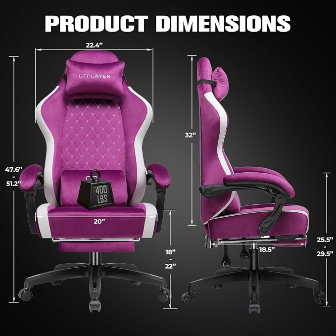 GTPLAYER Gaming Chair, Ergonomic Computer Chair with Footrest and Lumbar Support, High Back Recliner Chair 350lbs, Height Adjustable for Home Office, Purple - Image 3