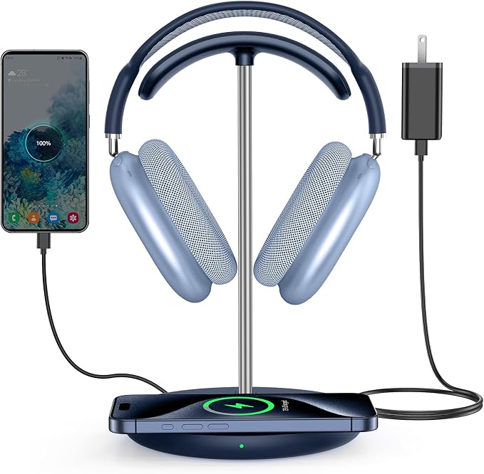 Miroddi Headphone Stand with Wireless Charger, Independent USB Charging Port, 5 in 1 Charging Station Headset Holder Rack for iWatch, iPhone, Samsung and Desk All Headphones, Dark Blue by miroddi
