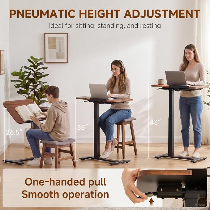 GTPLAYER Pneumatic Adjustable Standing Desk, 28 Inch Tiltable Mobile Rolling Laptop Table with Wheels, Overbed Bedside Table Computer Workstation for Home Office, Walnut - Image 3