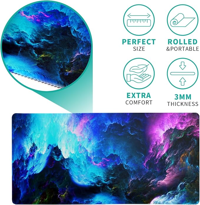 Dazzling Galaxy Gaming Mouse Pad 27.6x11.8 Inch Blue Purple Galaxy Nebula Universe Space Large Mousepad Non-Slip Rubber Base Stitched Edges Keyboard Mouse Mat Desk Pad for Office Home and Game - Image 5