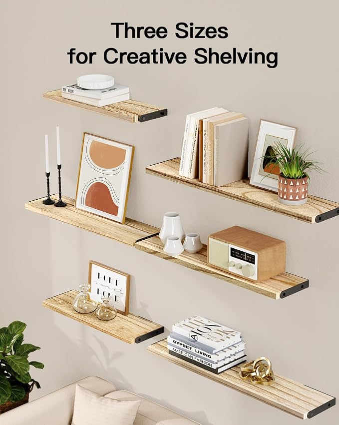 Amada Solid Paulownia Wood Wall Shelves, Large Size, 6 Pcs, Natural Wood - Image 4