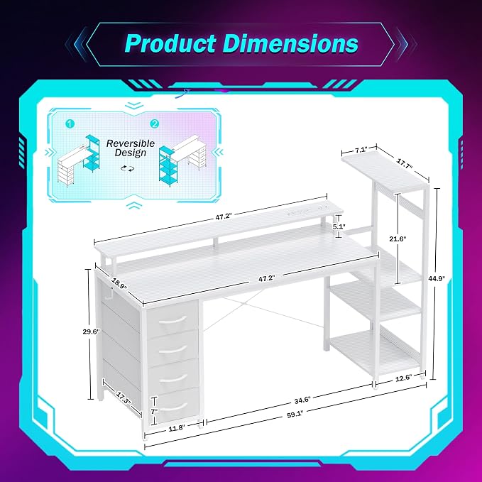 59 Inch Gaming Desk with Drawers & PC Tower Stand & LED Lights, White - Image 2