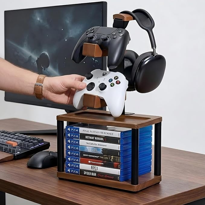 Solid Wood Controller Holder and Headphone Stand with Storage Base for Desk | Holds 1 Headset & 2 Controller - Gaming Equipment Accessories for PS5/Xbox/Switch and Headset Holder, Gamer Gift for Men - Image 7