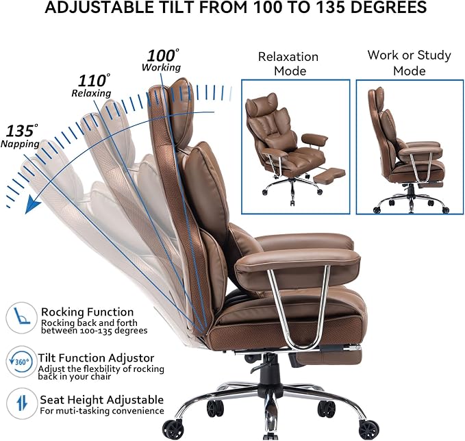 Efomao Big and Tall Office Chair 400lbs – PU Leather Executive Office Chair with Lumbar Support & Leg Rest, Heavy-Duty Computer Chair for Home Office, Brown | 400lbs support, 135° recline, dual-layer foam cushion, 23.5" seat & footrest. BIFMA - Image 3