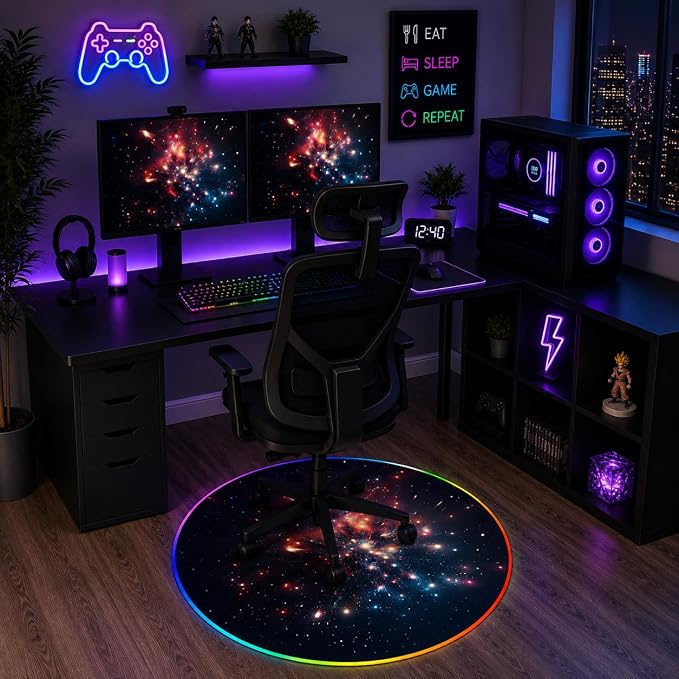 Gaming Chair Mat for Hardwood Floor Circle RGB Gaming Lights (Firework 47”) - Noise Cancelling, Anti-Slip Gamer Floor Mat – Scratch Resistant Computer Gaming Mat for Chair – Office Chair Mat - Image 6