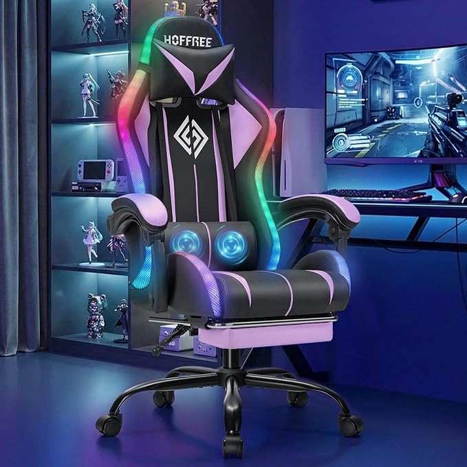 RGB Gaming Chair with LED Lights Massage Ergonomic Computer Chairs-Purple | High Back Video Game Chair with Footrest & Adjustable Lumbar Support Gamer Chairs for Adults Racing Style Recline by Vanspace