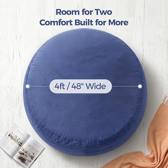ACH 4ft Bean Bag Chair for Adults, Large Oversized Memory Foam Floor Chair, Machine Washable Velvet Cover, Living Room and Bedroom, (Blue,Large) - Image 2
