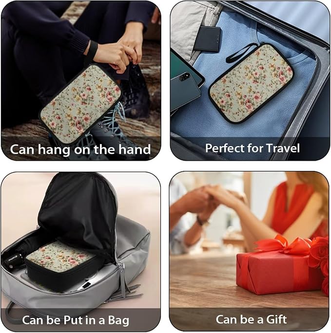 Vintage Flower Print Cable Organizer Bag, Waterproof Travel Electronic Storage, Shockproof Portable Tech Bag Carrying Case for Cord, Earbuds, Charger, SD Card, Tech Gifts - Image 6