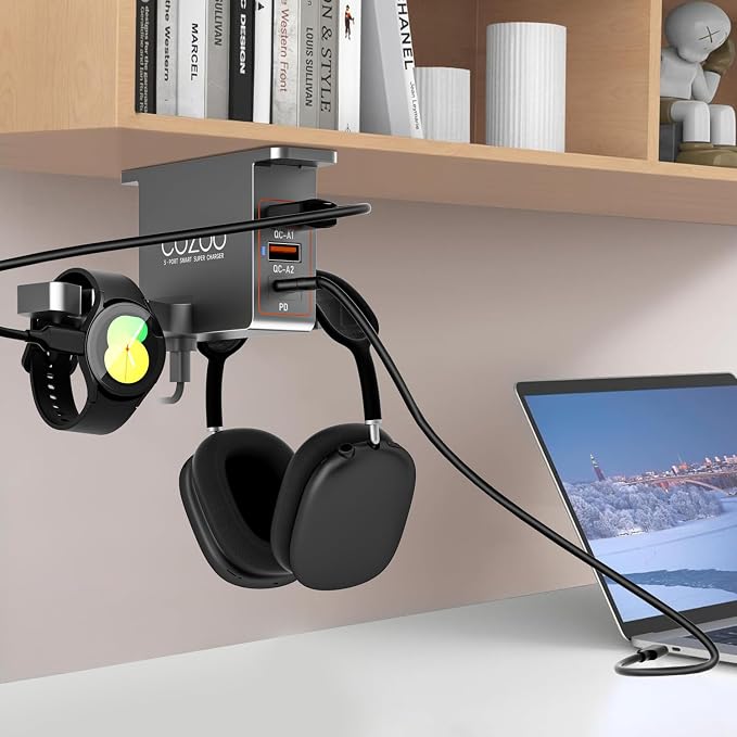 cozoo Desk Headphone Holder Hook Headset Watch Cable Bag Storage Grey | 2 USB-A & 1 Type-C Ports; Holds Headphones,Watches, Cables, Various Bags,Multifunctional Desk Storage Hook for Gaming Office by COZOO