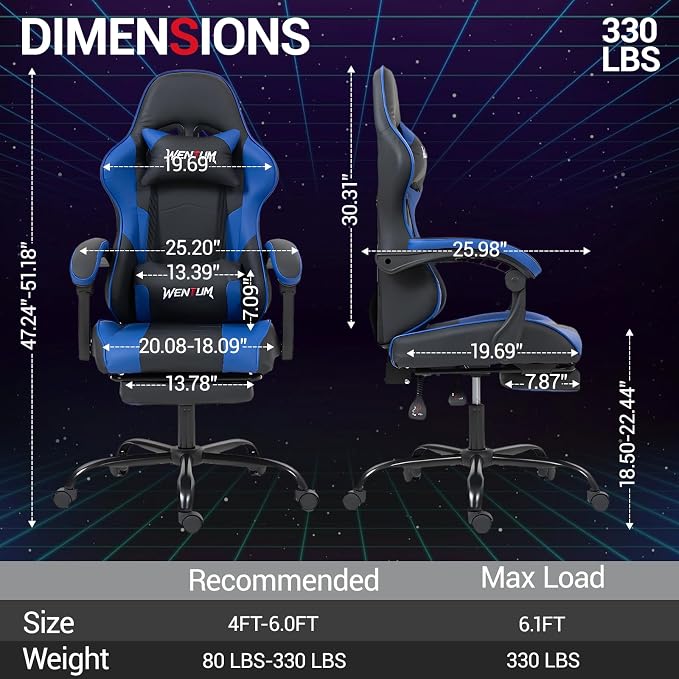 Gaming Chair with Footrest for Adults, PU Leather Massage Racing Video Game Chair with Lumbar Support for Men Women, Ergonomic Computer Gamer Chair for Home Office, Height Adjustable, Blue - Image 3